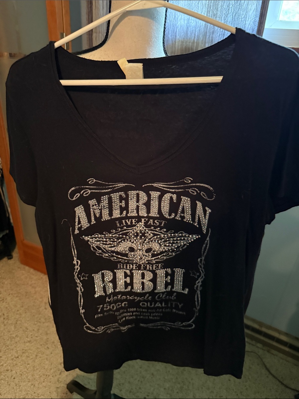 liberty Black Short Sleeve V-Neck Tee with Silver Graphic